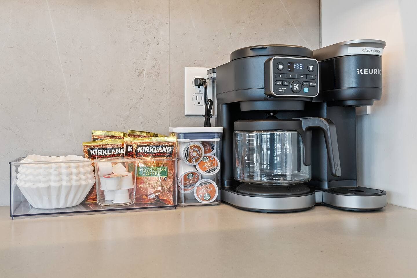 Keurig coffee maker uses Keurig coffee pods and ground coffee beans. 