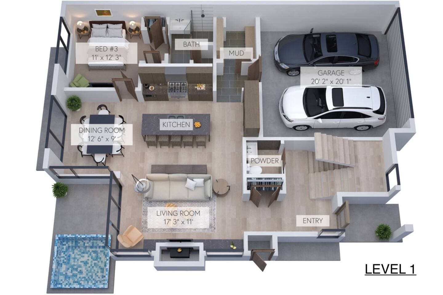 Main level; layout is accurate, furniture is not. The garage will not fit cars longer than 18".
