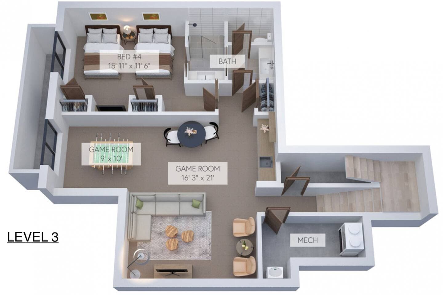 Level 1, below the main level. Layout is accurate, while the furniture is not.