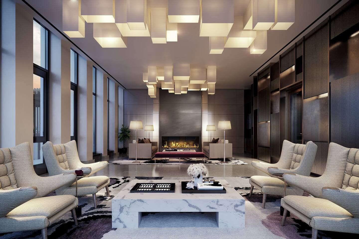 Resident lounge with custom gas fireplace.